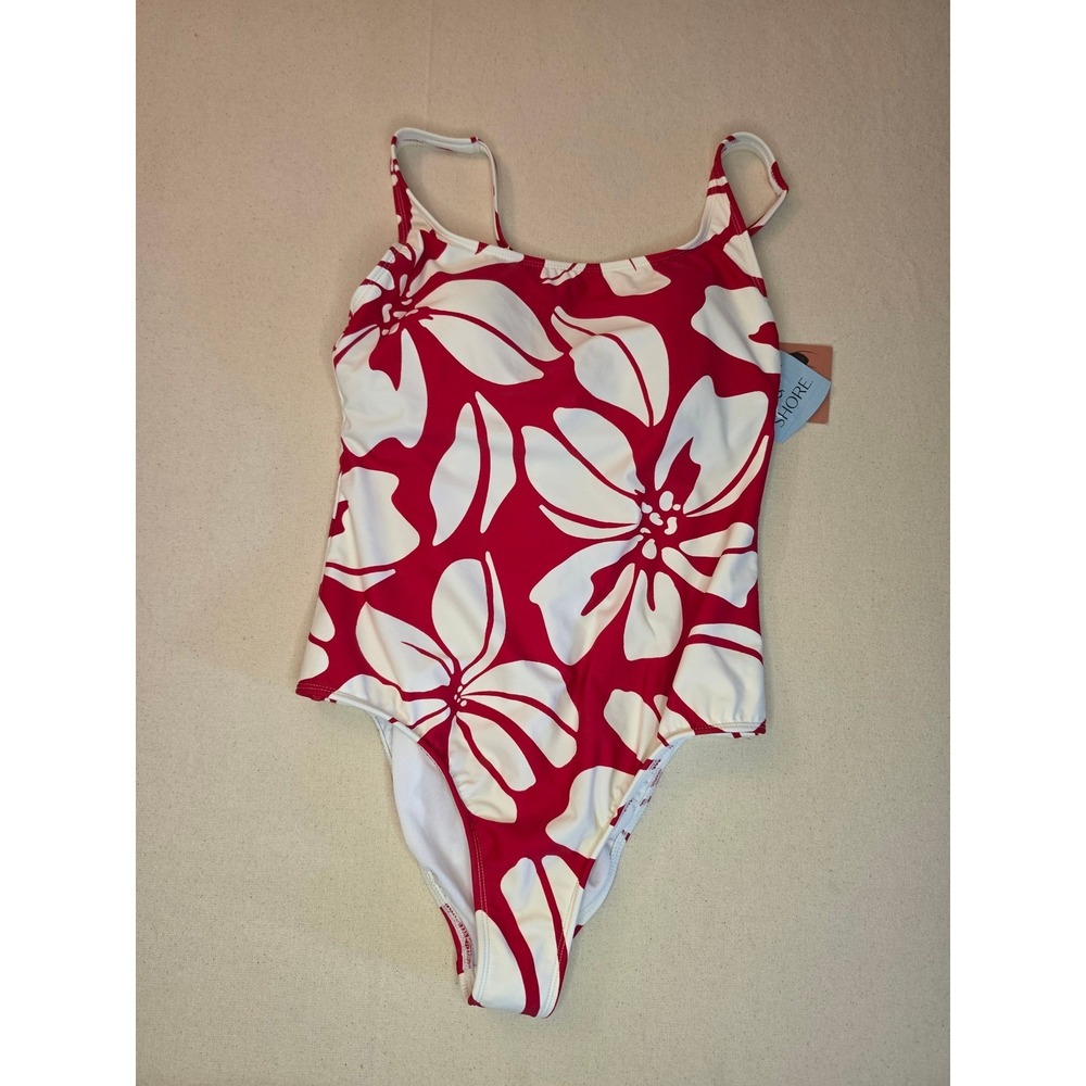 Shade & Shore Square Neck One Piece Swimsuit Red Medium NWT